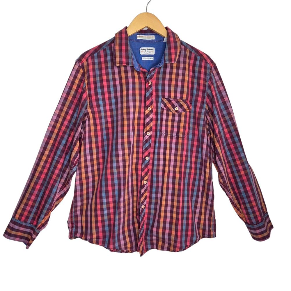 Tommy Bahama Island Modern Fit Mens SZ L Shirt Button Plaid Tencel Casual